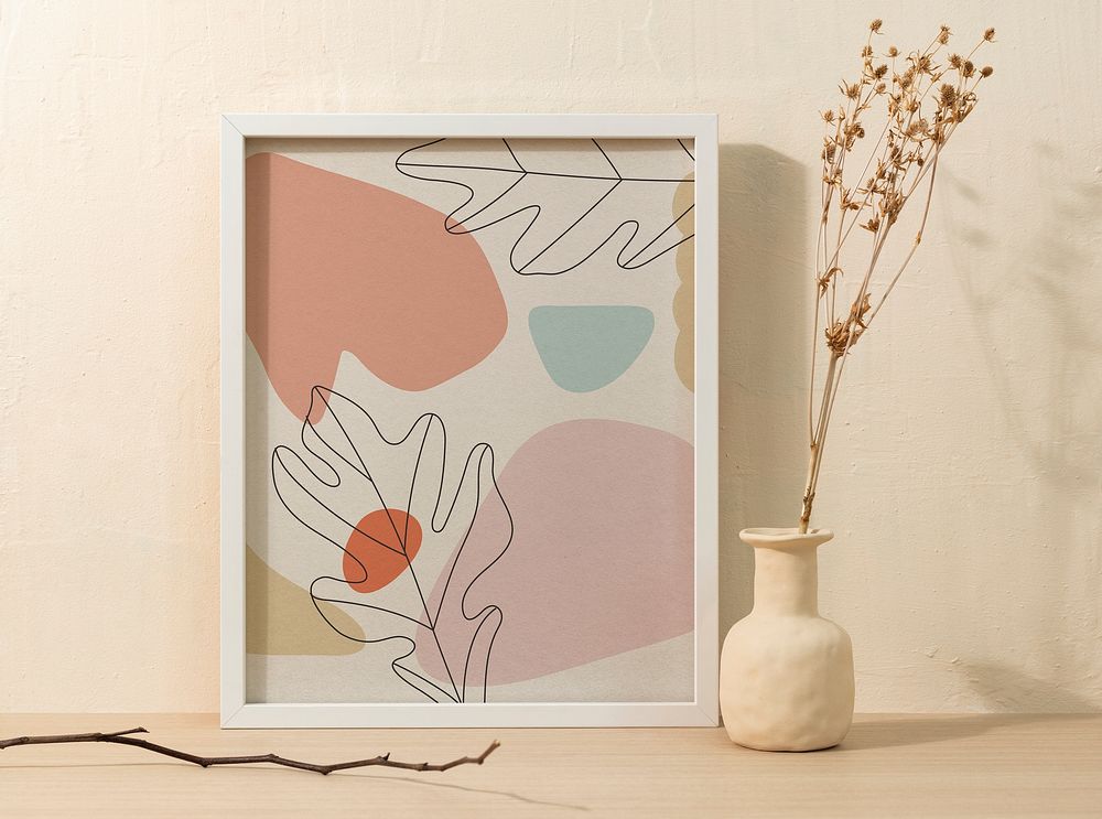 Aesthetic line art, abstract botanical design on a picture frame, beige home decor