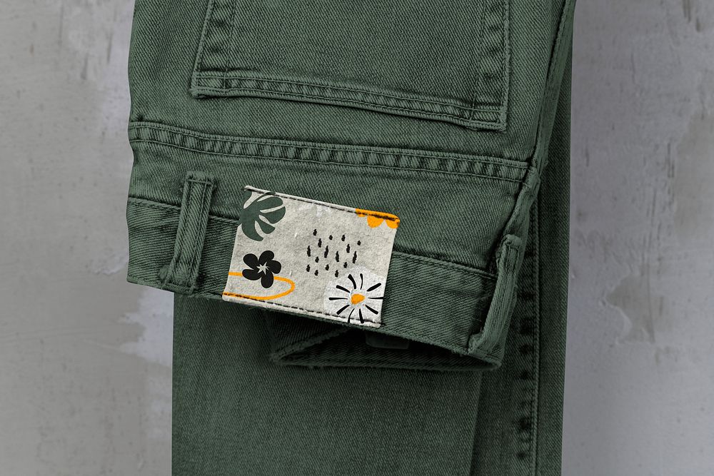 Floral jeans label, casual fashion branding 