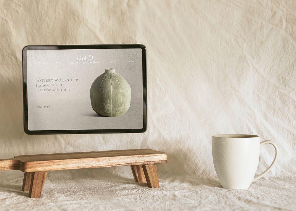 Tablet & coffee cup, aesthetic home decor