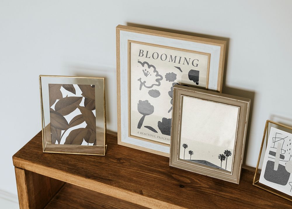 Aesthetic frames on shelf, natural home decor