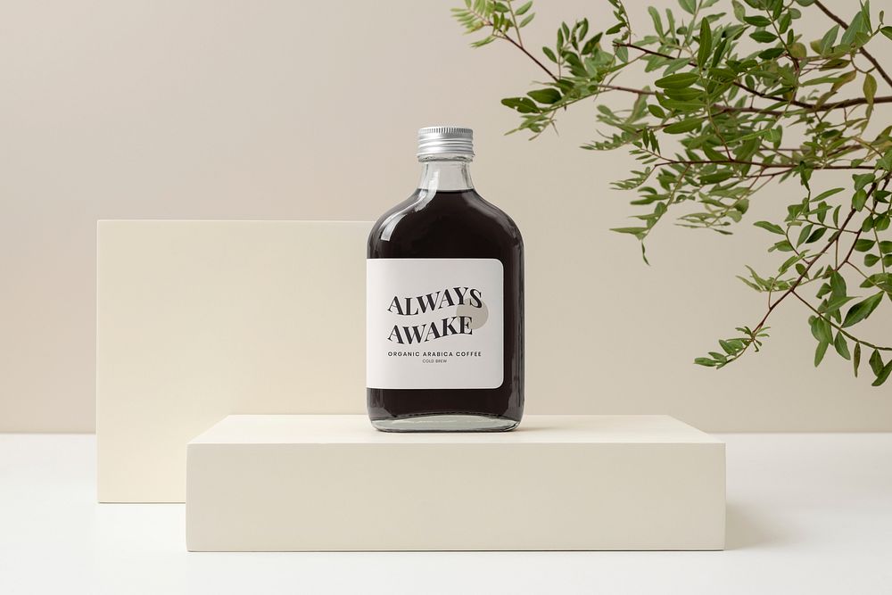 Cold brew coffee bottle with aesthetic label, product branding design