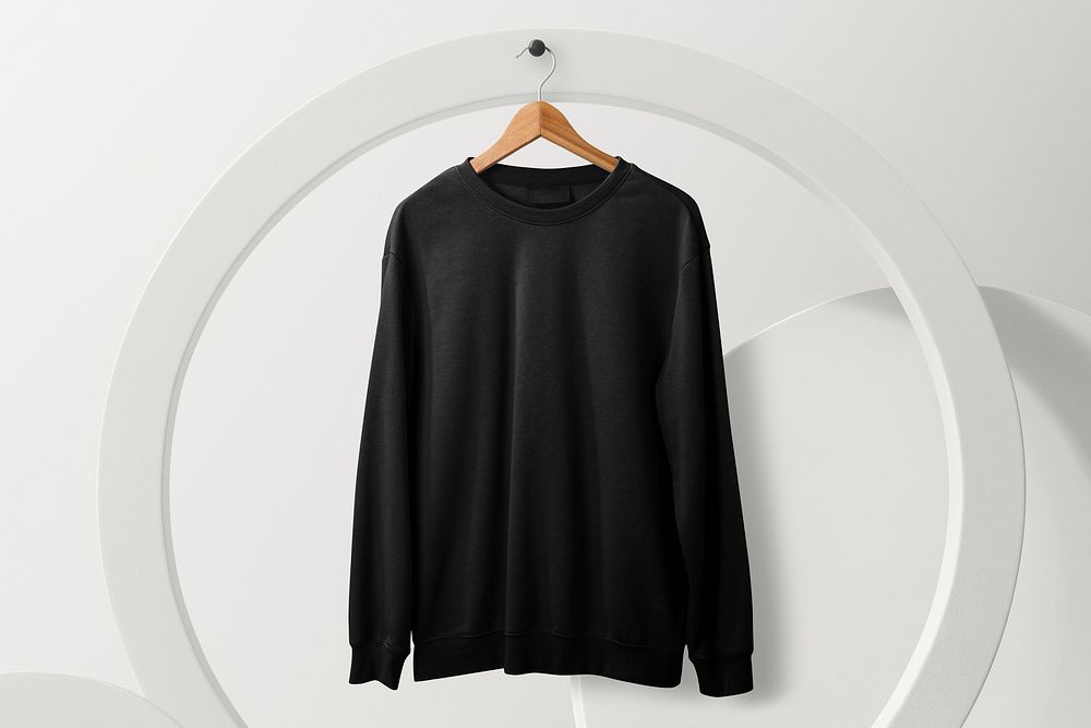 Black sweater, aesthetic gray product backdrop, streetwear apparel fashion design