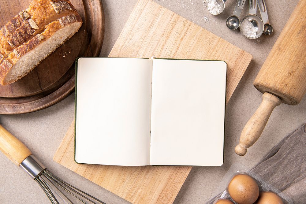 Cookbook journal, open book, chef&rsquo;s essential with blank space