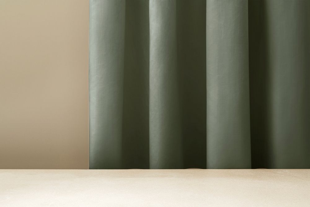 Green curtain product backdrop, wooden table with blank space