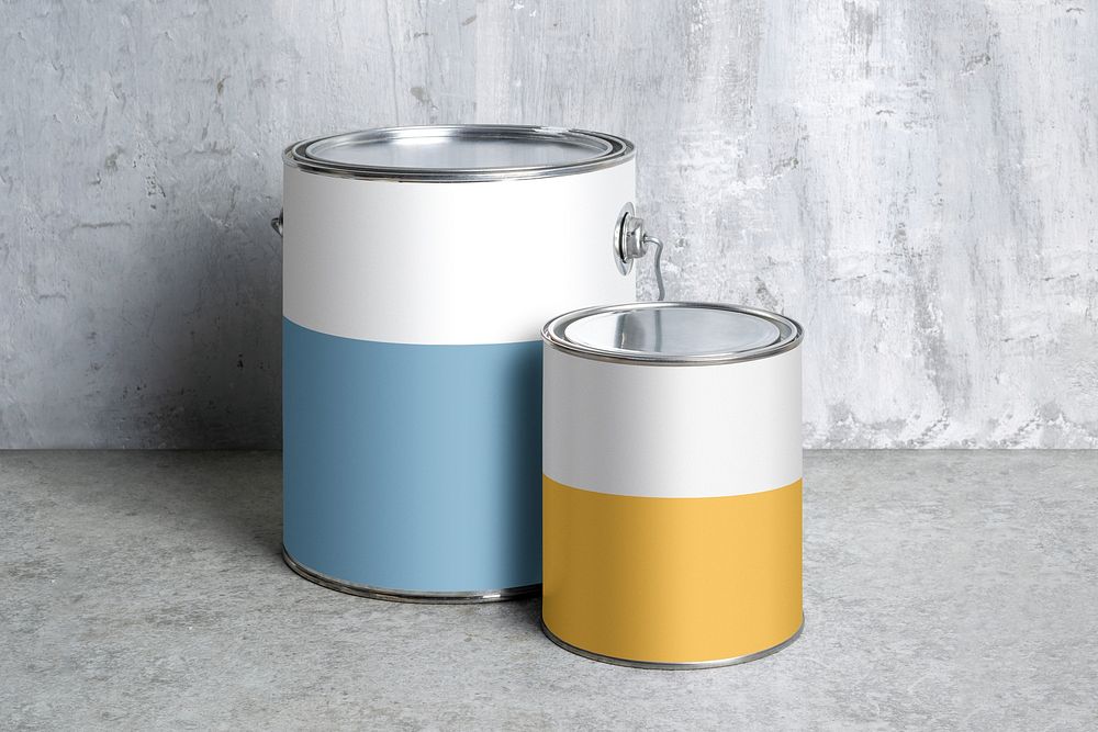 Paint buckets with blank labels, DIY home interior