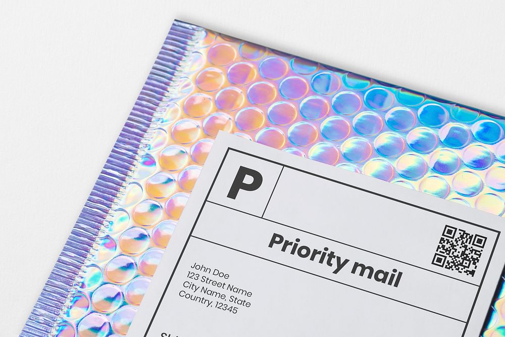 Iridescent bubble mailer bag, shipping label, packaging design