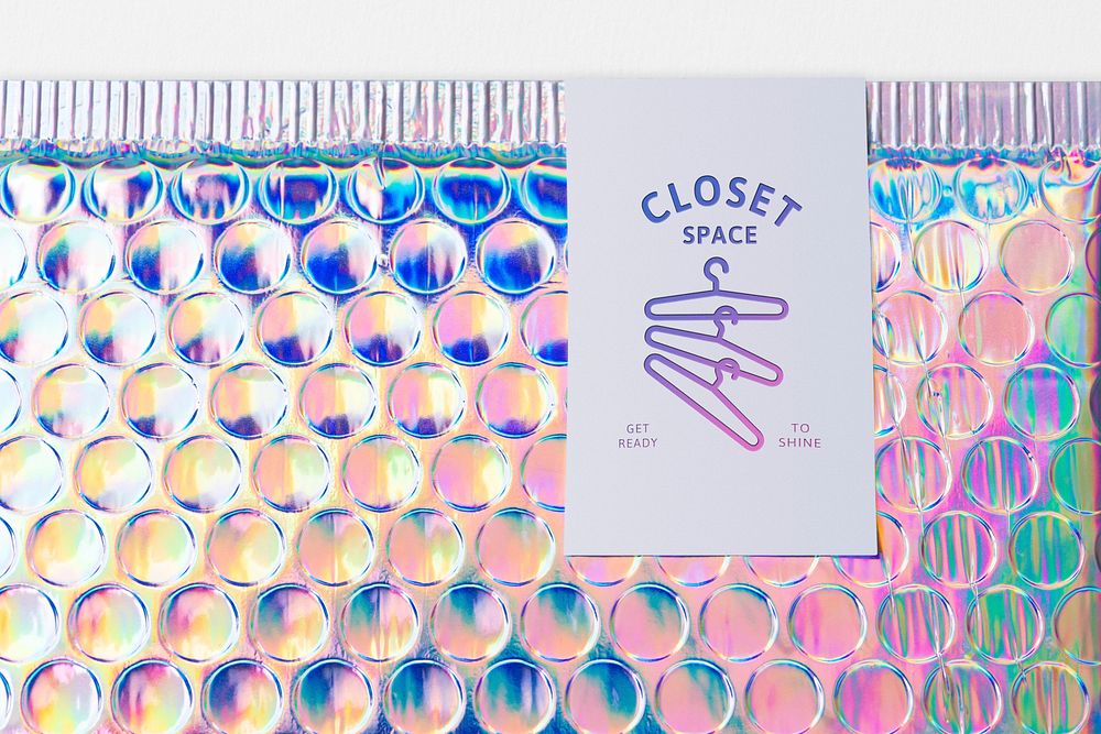 Business branding, iridescent bubble mailer bag, shipping packaging design