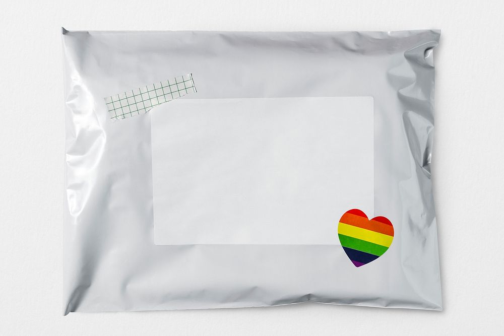 White mailer bag, rainbow heart sticker, shipping packaging design