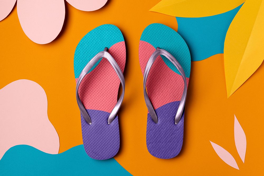 Colorful sandals, summer footwear fashion with tropical design