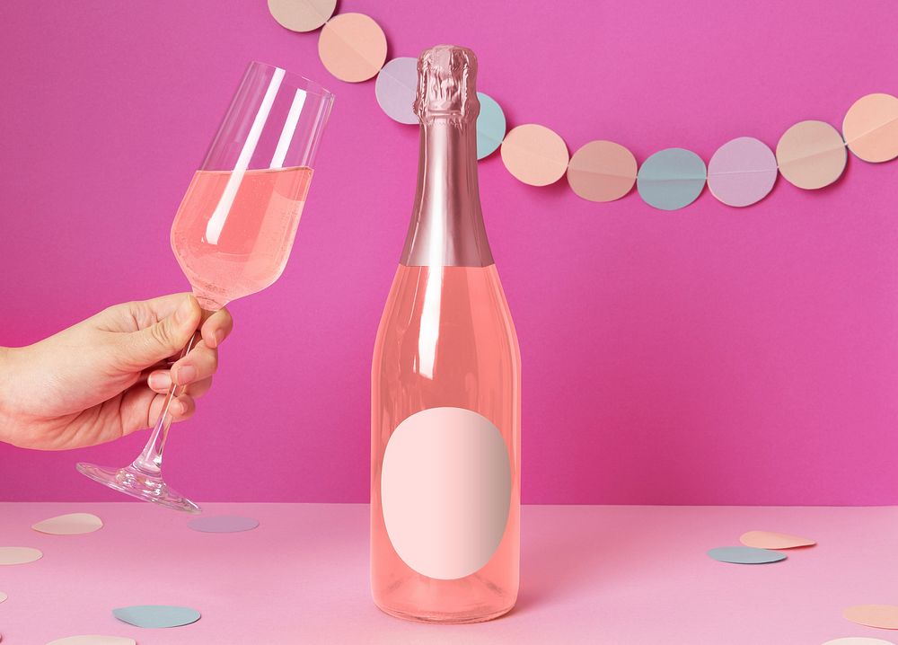 Pink sparkling wine bottle, beverage packaging design