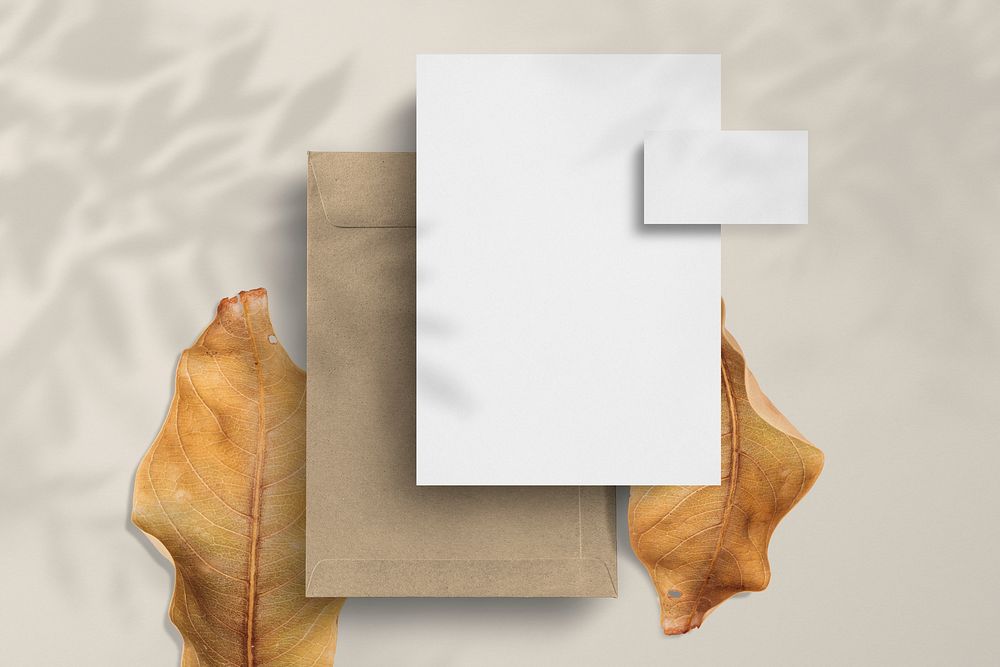Blank paper & envelope, corporate identity set in Autumn aesthetic background