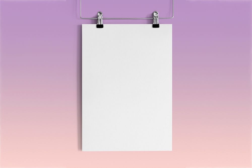 Blank hanging poster with design space on purple background