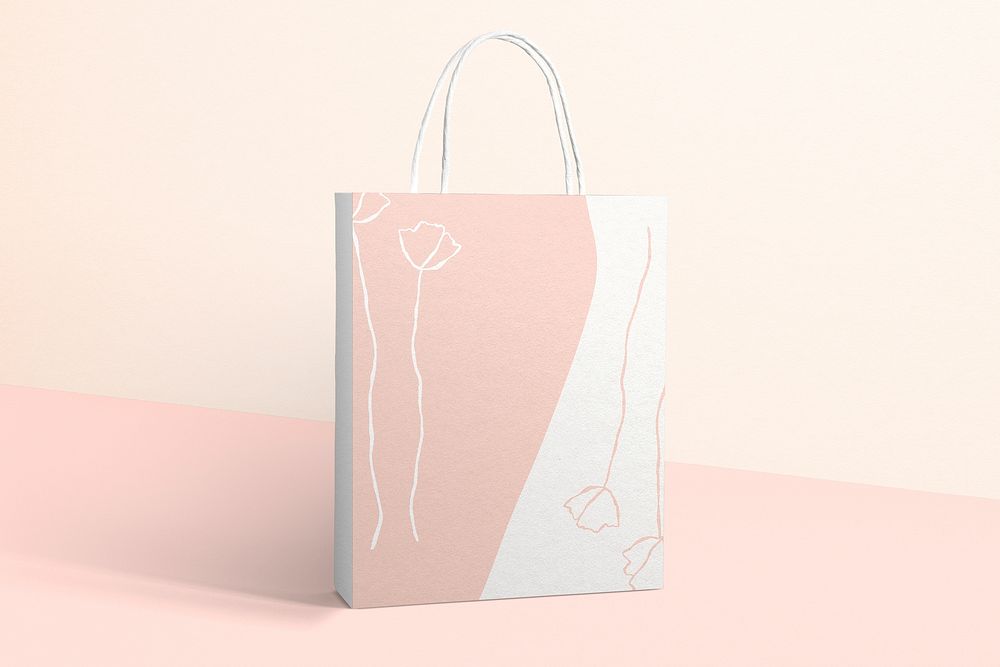 Minimal feminine shopping paper bag, floral pink design