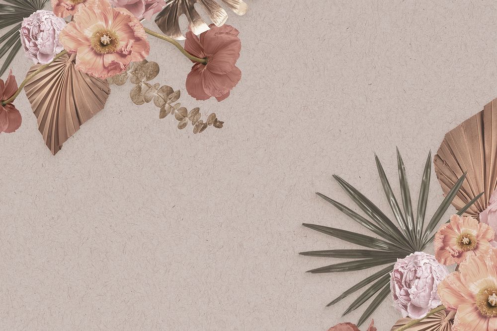 Beautiful floral beige background, aesthetic gold leaf border