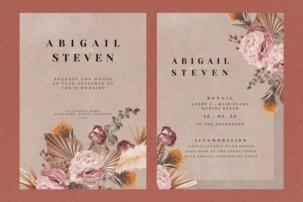 Floral wedding invitation card template, aesthetic beige design set vector