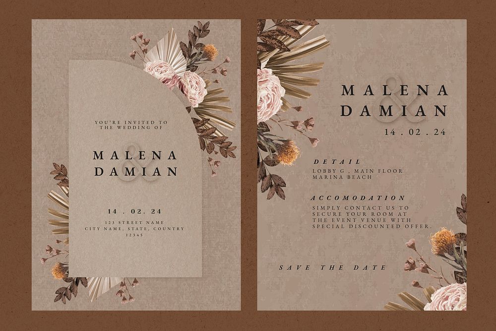 Romantic wedding invitation card template, aesthetic floral design set vector