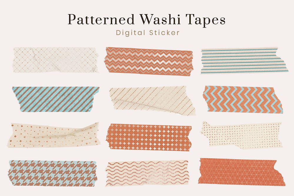 Cute washi tape sticker, earth tone pattern stationery vector set