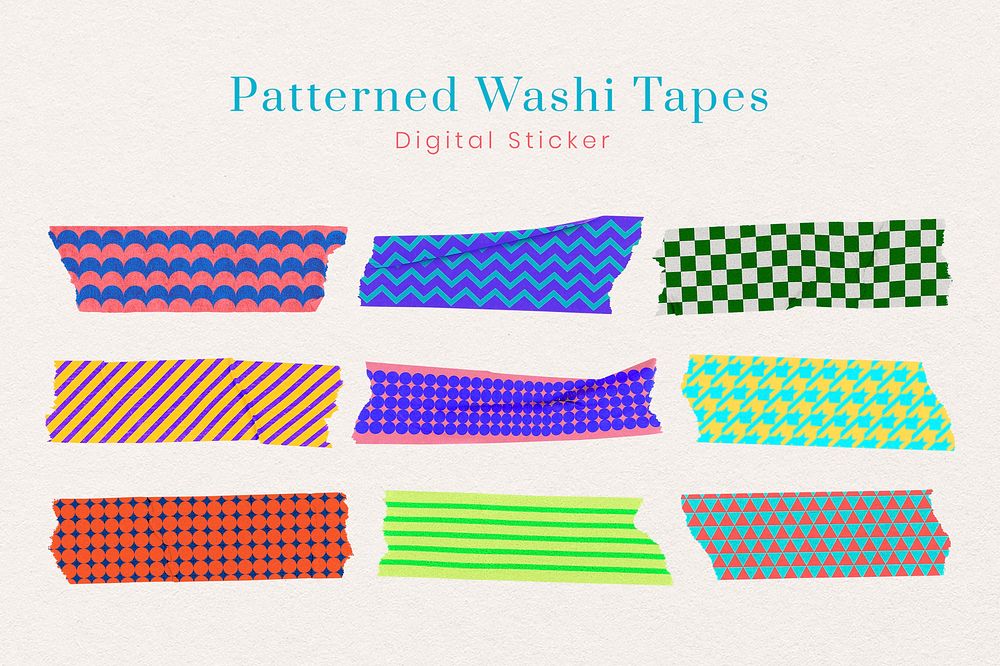 Colorful washi tape sticker, geometric patterns, abstract design psd set
