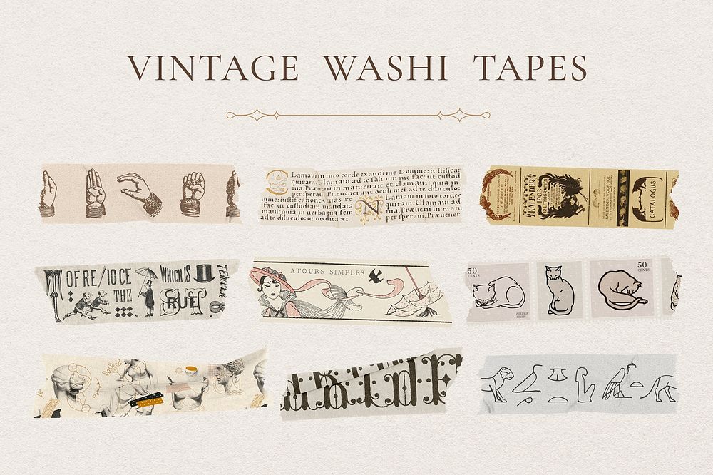 Vintage washi tape collage element, beige & gold stationery design vector set