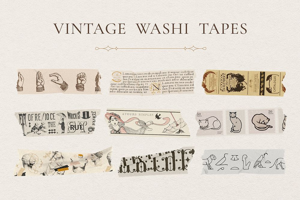 Vintage washi tape collage element, beige & gold stationery design psd set