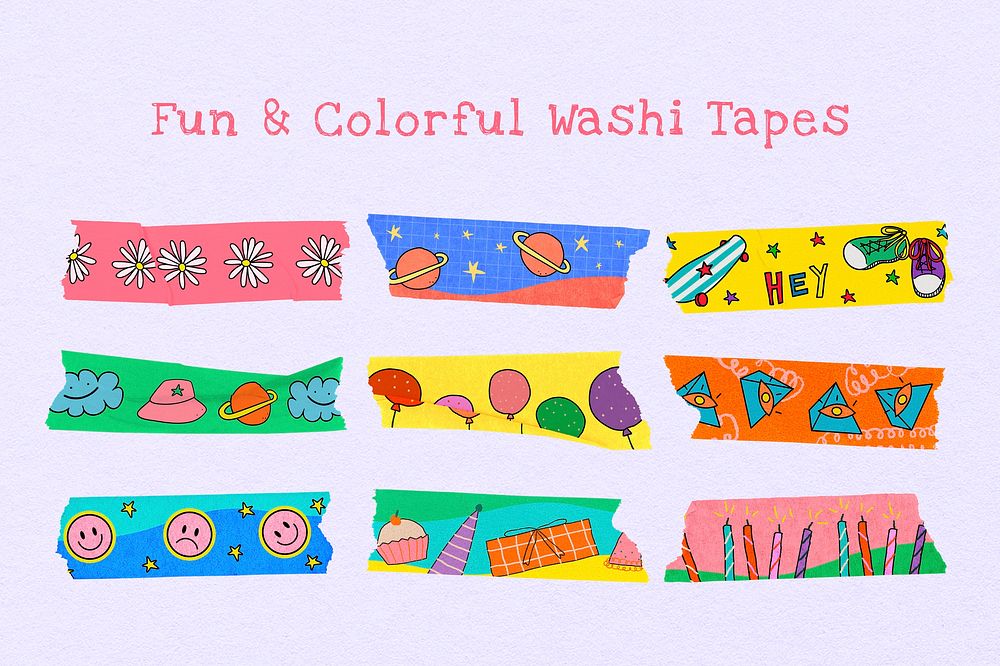 Colorful washi tape sticker, fun design for kids vector set