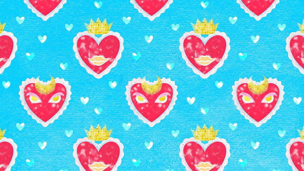 Kidcore heart pattern computer wallpaper, blue aesthetic design