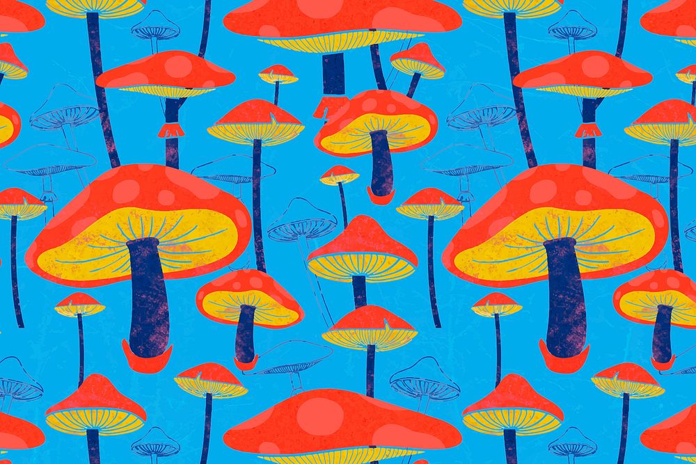 Mushroom psychedelic background, blue cottagecore pattern vector