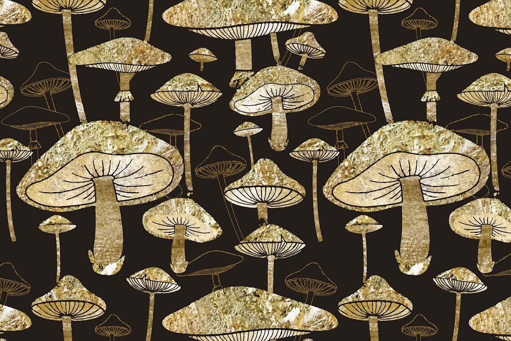 Gold mushroom pattern background, cottagecore design vector