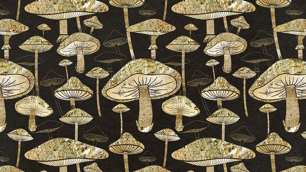 Gold mushroom pattern desktop wallpaper, cottagecore design