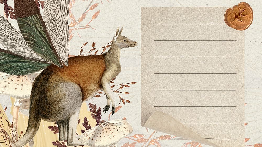 Vintage kangaroo animal desktop wallpaper, editable surreal collage scrapbook background and landscape digital note for…