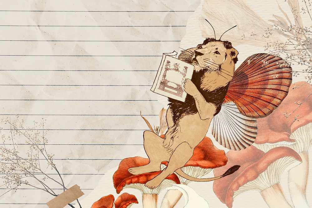 Retro lion illustration digital note, surreal hybrid animal scrapbook collage art element