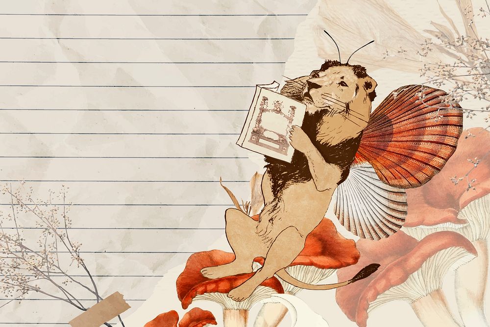Retro lion illustration digital note, surreal hybrid animal scrapbook collage art element vector 
