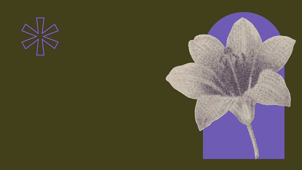 Retro flower computer wallpaper, minimal purple & green halftone remix background