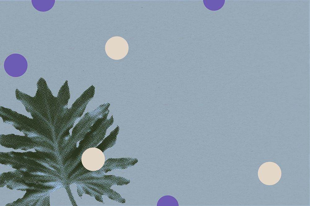 Tropical plant remix background, blue retro halftone design with polka dots