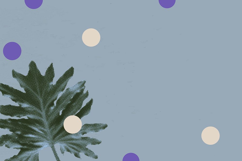 Tropical plant remix background, blue retro halftone design with polka dots vector