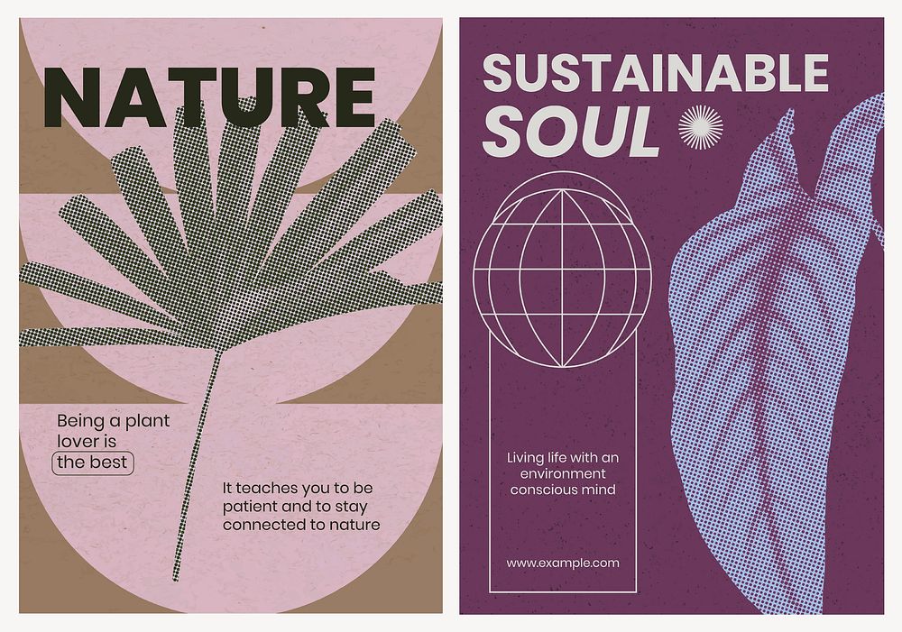 Retro nature poster template set, modern aesthetic halftone, purple & pink botanical design vector