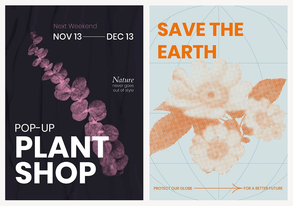Retro botanical poster template set, modern aesthetic halftone, black & blue design vector