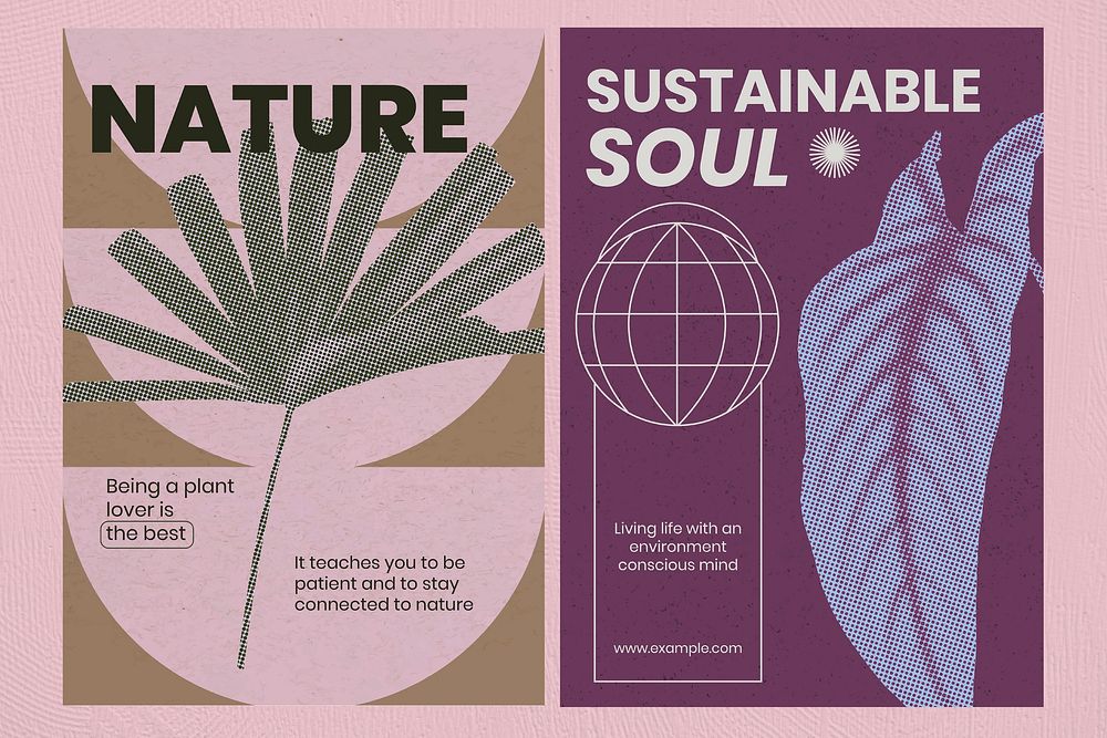 Retro botanical poster template set, modern aesthetic halftone, purple & pink design vector
