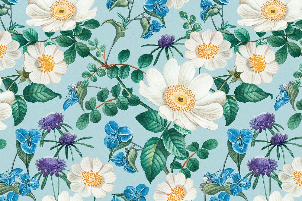 Blue botanical pattern background, natural design, remixed from original artworks by Pierre Joseph Redout&eacute;