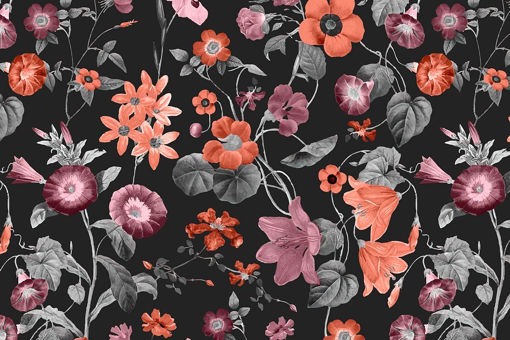 Botanical pattern black background, natural design vector, remixed from original artworks by Pierre Joseph Redout&eacute;