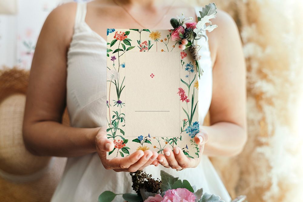 Bride holding flower invitation card, vintage botanical design, remix from the artworks of Pierre Joseph Redout&eacute;