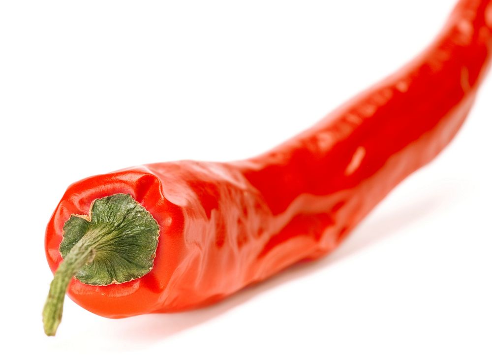 Free closeup on red chili on white background photo, public domain food CC0 image.