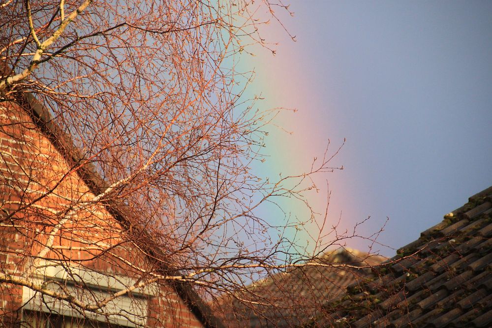 Free rainbow over roof photo, public domain nature CC0 image.