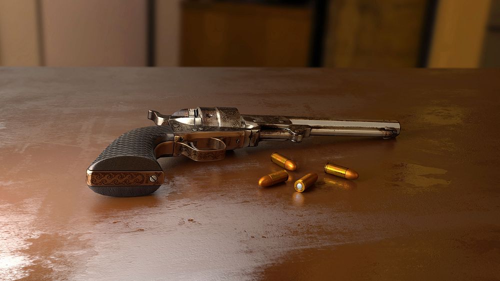 Free revolver with bullets on table photo, public domain weapon CC0 image.