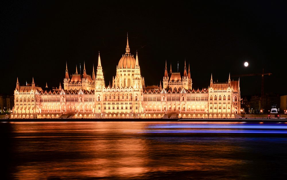Free Budapest parliament at night, public domain travel CC0 photo.