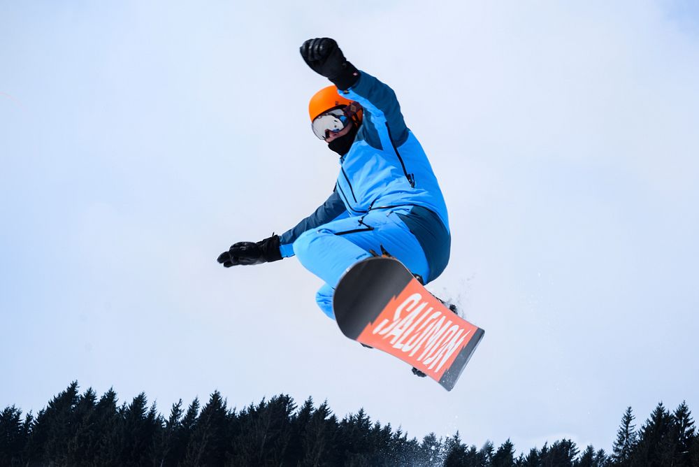 Salomon, snowboarding high jump, location unknown, 27 February 2018. View public domain image source here