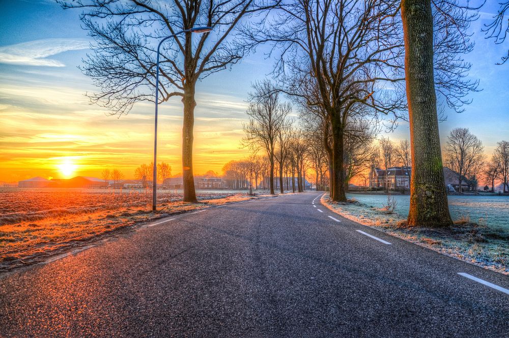 Free road during winter sunset photo, public domain nature CC0 image.