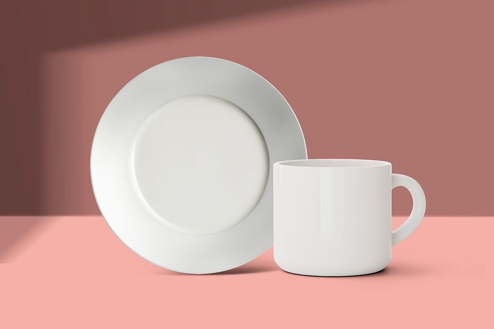 Plate and mug graphic on pink backdrop 