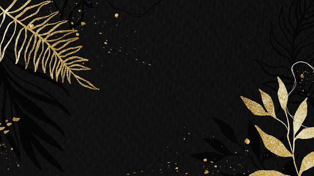 Black desktop wallpaper, aesthetic gold leaf design on dark background