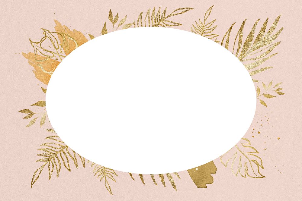 Oval botanical frame, golden leaf design illustration for wedding card